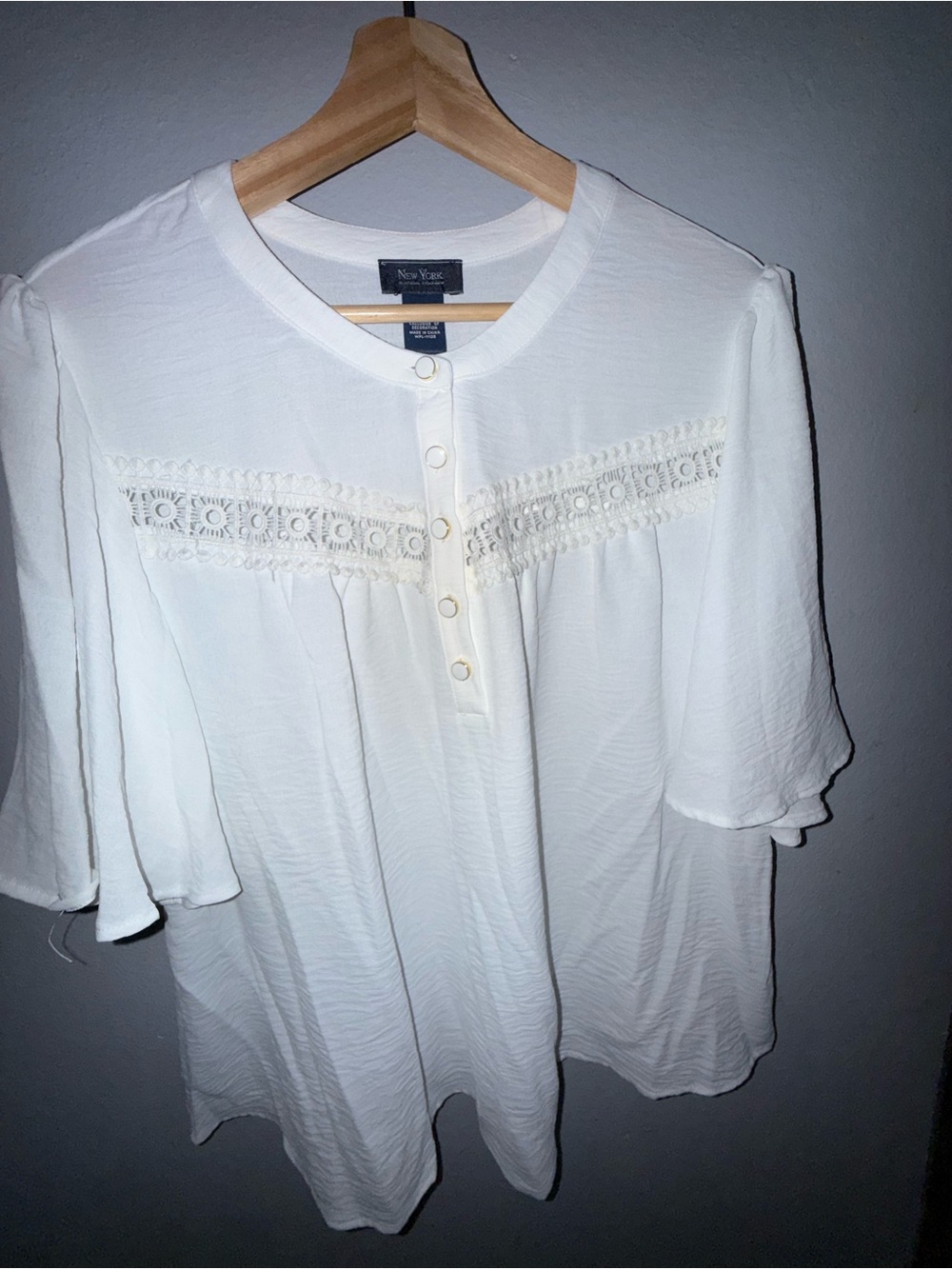 New York & Company White Crochet-Trim Henley Blouse